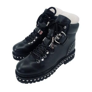 Lola Cruz Studded Leather Moto Combat Boots Women 36 Black Buckle Lug Sole NEW